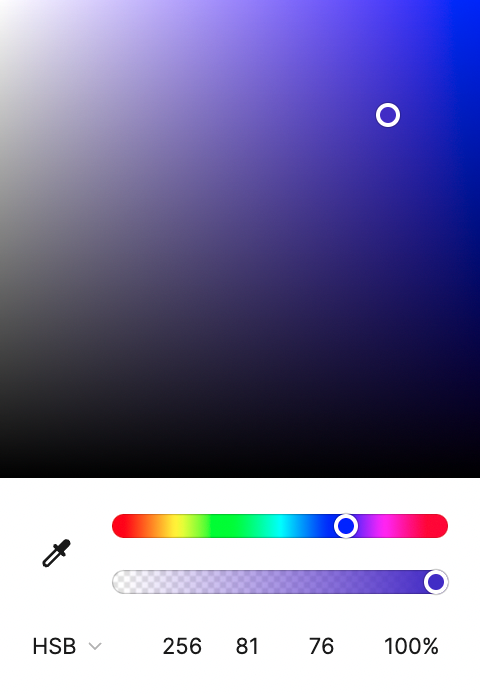 Screenshot of a color picker showing HSB color. The top fades from white to blue depending on saturation