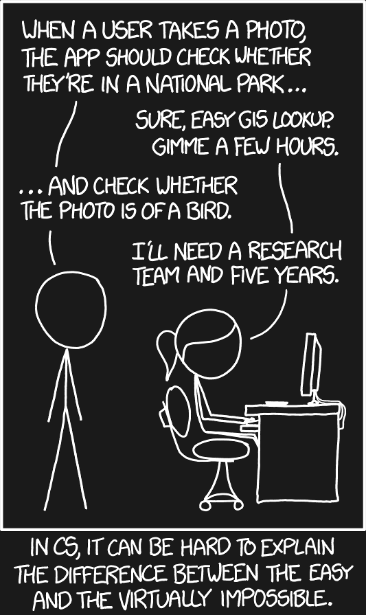 An XKCD comic. A project manager asks for a feature that checks whether a photo was in a natural park — an easy request — and then if it can check if the photo contains a bird — an astronomically difficult challenge.