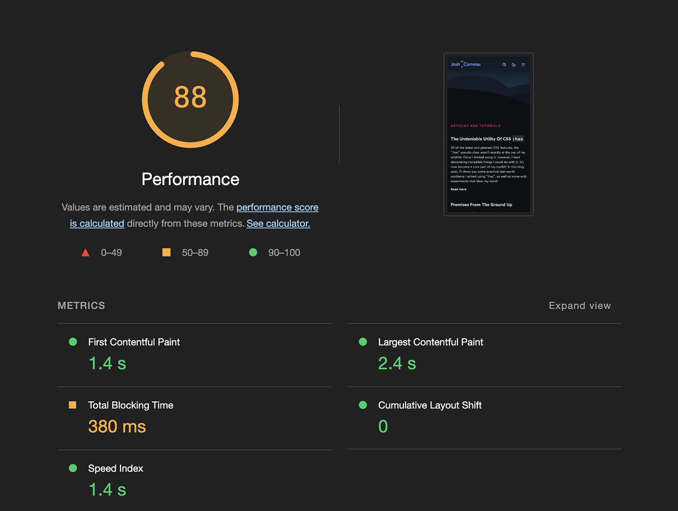 Lighthouse report showing a performance score of 88