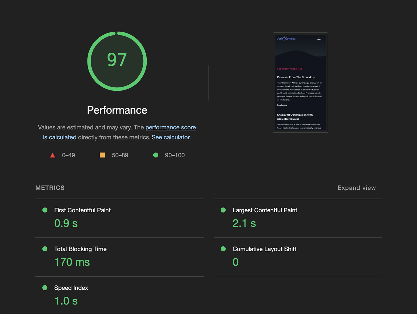 Lighthouse report showing a performance score of 88