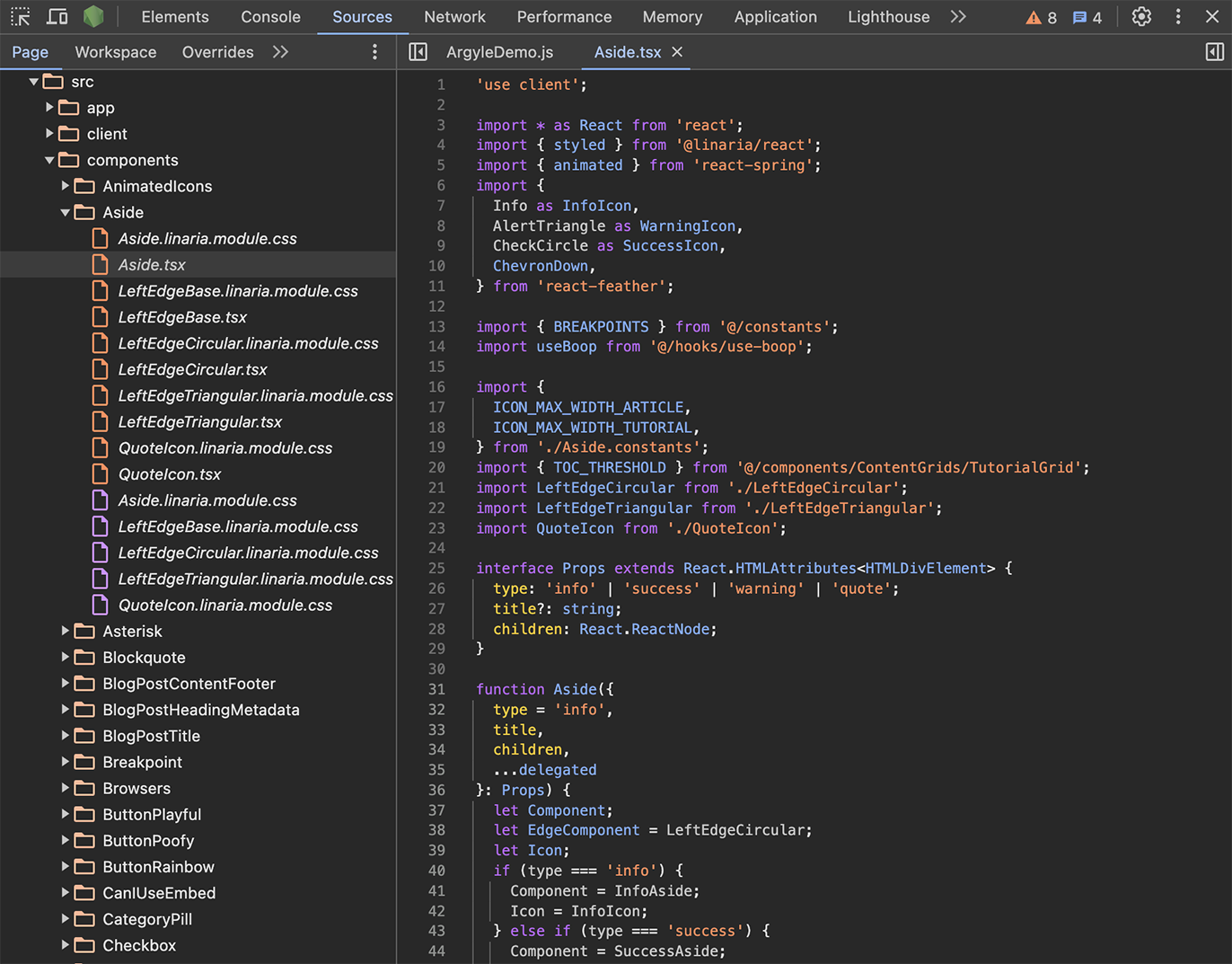 Screenshot of the “Sources” pane showing the code for my <Aside> component