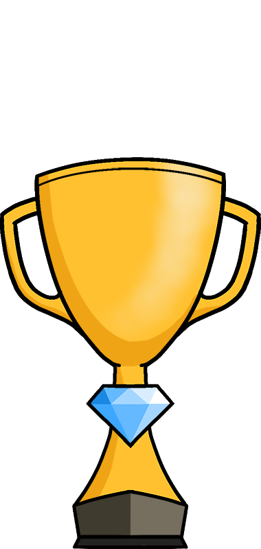 A shiny gold trophy with a diamond and blue flames