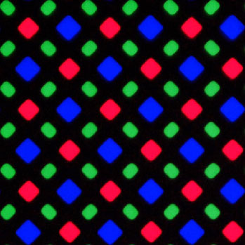 A close-up photo of an iPhone screen showing red/green/blue diamonds and rectangles arranged in a weird “X” pattern